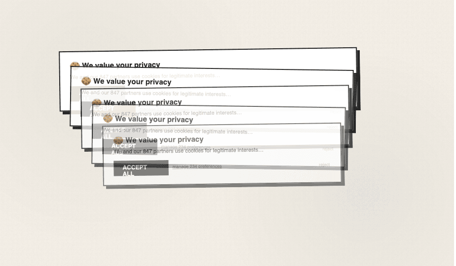 Stack of identical cookie banners, each with a big Accept all button and a tiny reject link