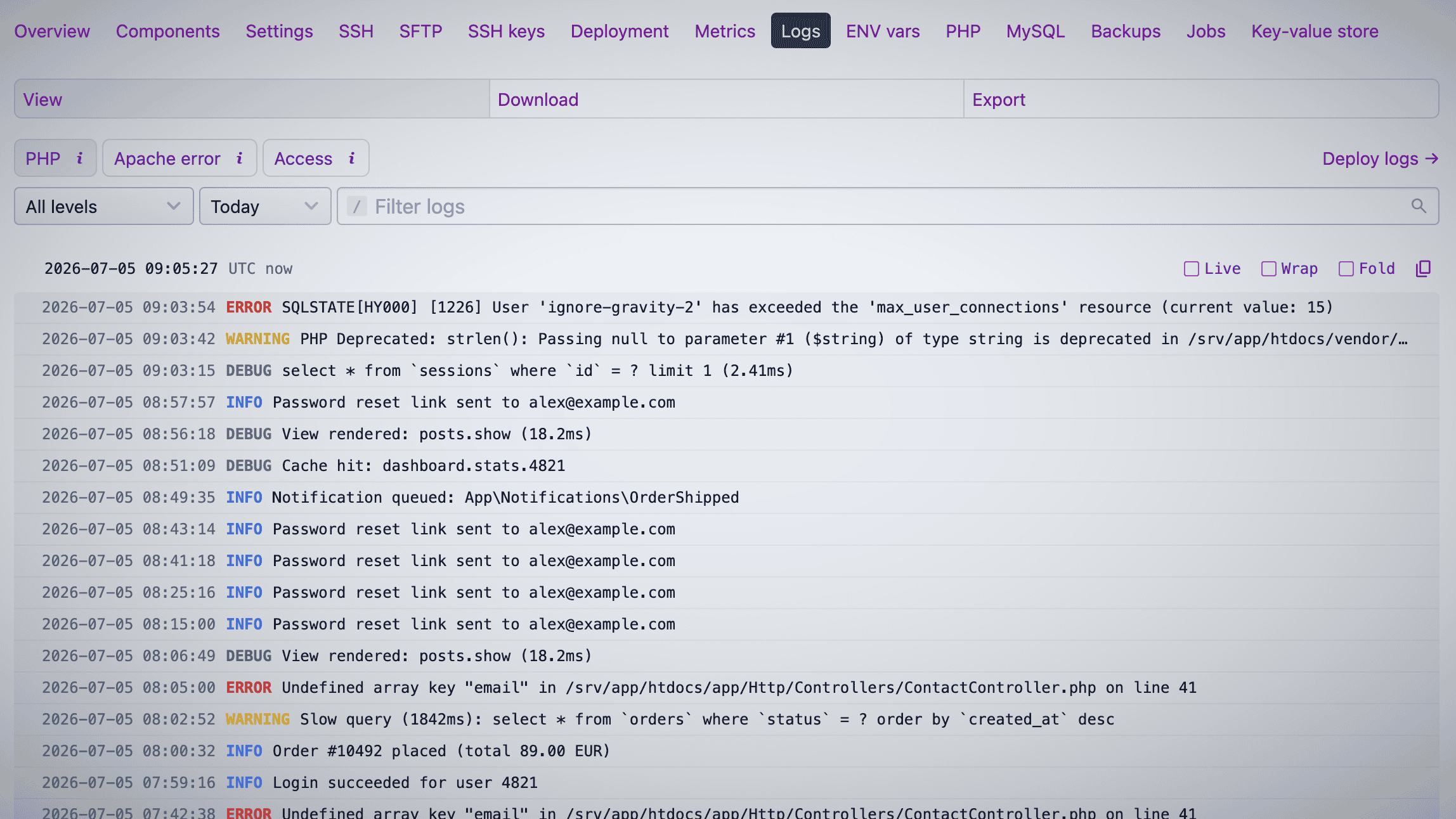 The log viewer in the dashboard