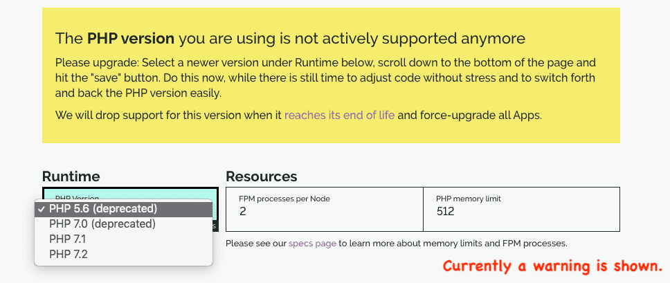 php settings in the fortrabbit dashboard